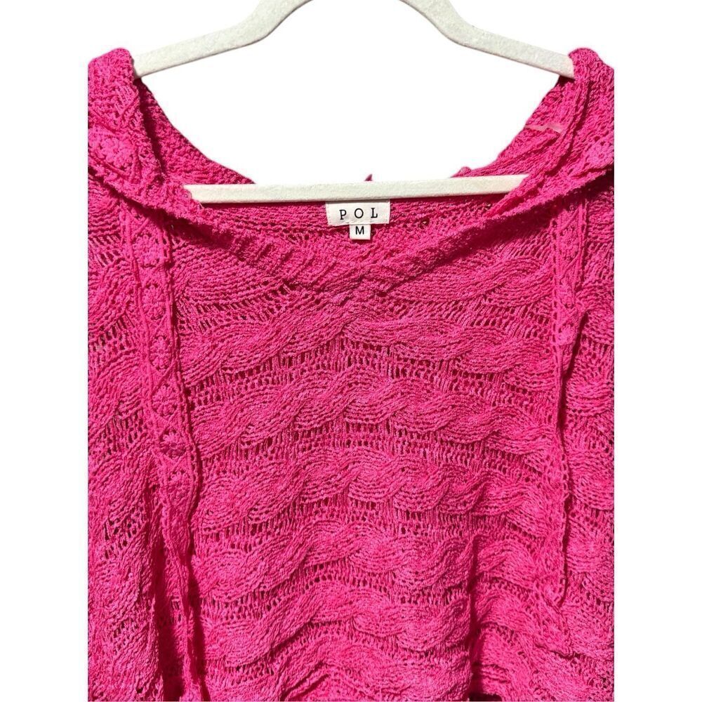 POL Hot Pink Open Knit Cropped Hoodie Sweater Boho Lace Long Sleeve Top NEW - Picture 9 of 14